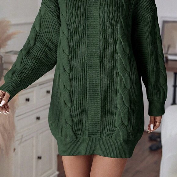 Mint Green Casual Womens Turtleneck Cable Knit Drop Shoulder Sweater Dress - Picture 5 of 5